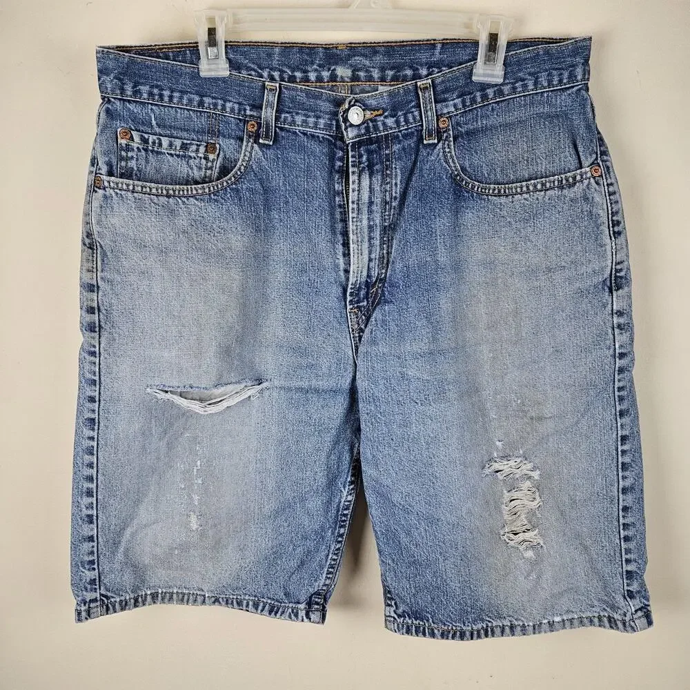 Levi's 569 Shorts Men’s Size 34 Blue Denim Holes fray fade Distressed Jorts